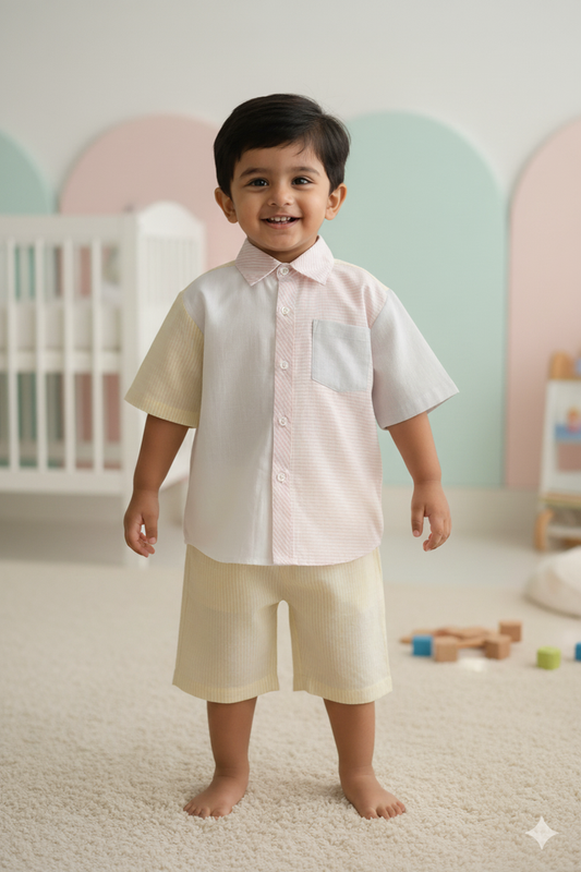 Henry Shirt & Shorts Set – Soft Pastels | Gender-Neutral Cotton Outfit for Infant, Toddler & Tween