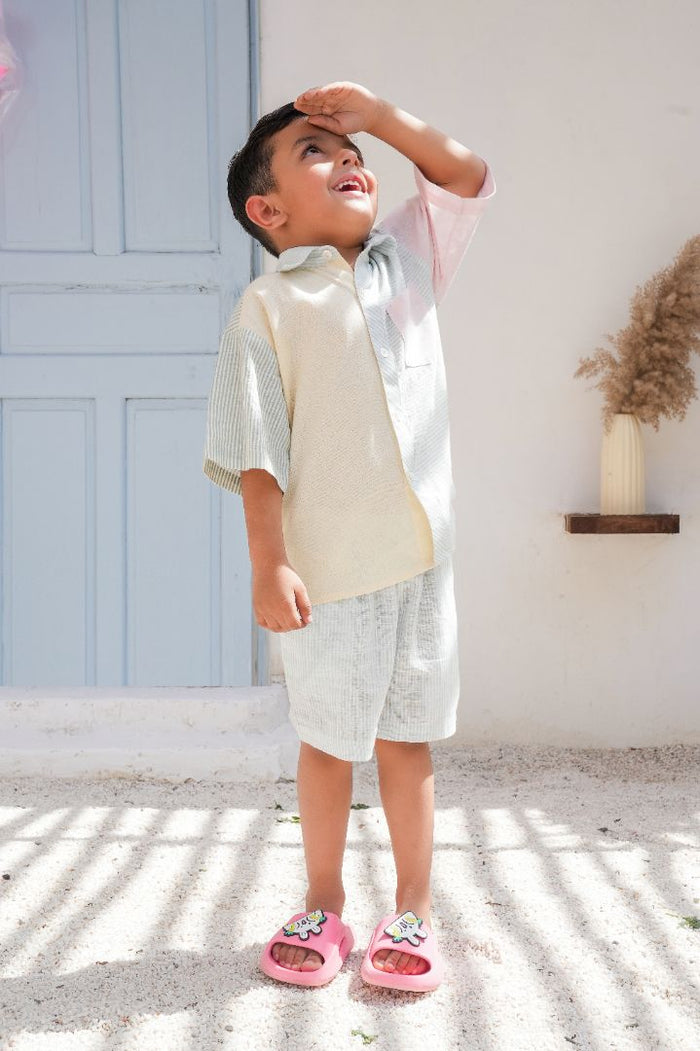 Henry Shirt & Shorts Set – Soft Pastels | Gender-Neutral Cotton Outfit with Blue Striped Shorts for Infant, Toddler & Tween
