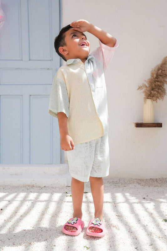 Henry Shirt & Shorts Set – Soft Pastels | Gender-Neutral Cotton Outfit with Blue Striped Shorts for Infant, Toddler & Tween