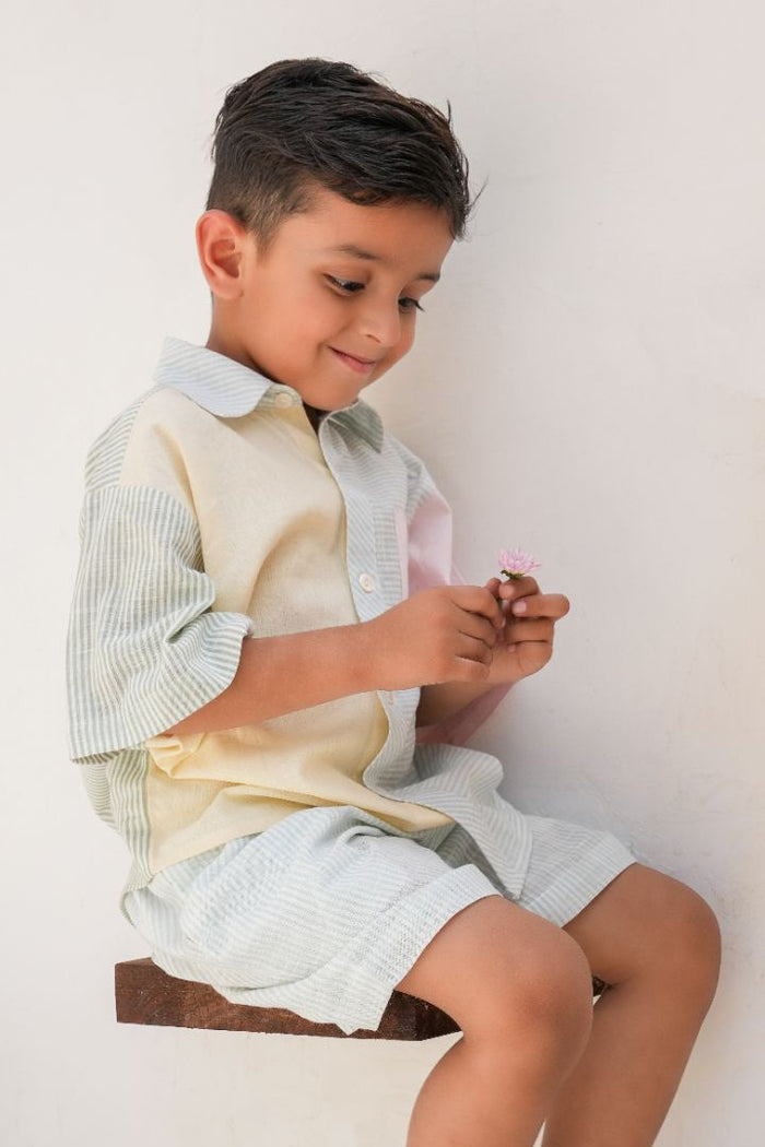 Henry Shirt & Shorts Set – Soft Pastels | Gender-Neutral Cotton Outfit with Blue Striped Shorts for Infant, Toddler & Tween