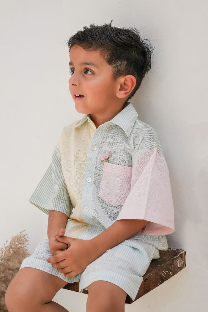 Henry Shirt & Shorts Set – Soft Pastels | Gender-Neutral Cotton Outfit with Blue Striped Shorts for Infant, Toddler & Tween