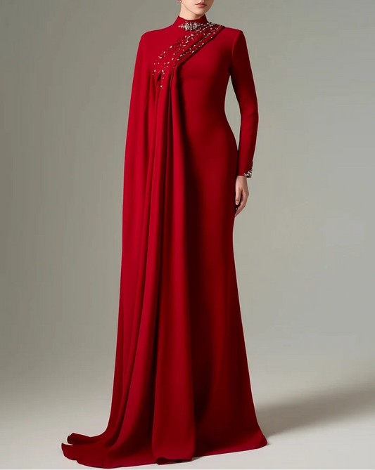 High-neck column dress with embellished draped detail – SUBY