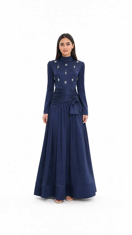 High-neck embellished satin maxi dress with draped waist – LYRA