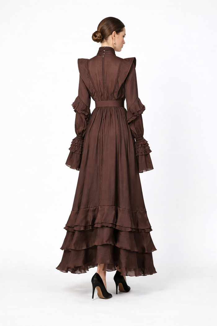 High-neck ruffled maxi dress with layered cuffs – ELARA