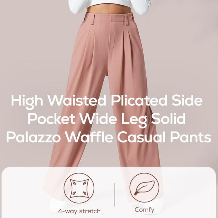 High Waisted Plicated Side Pocket Wide Leg Casual Pants