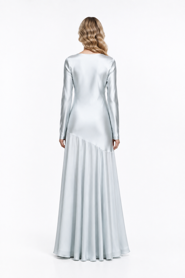 Ice Blue Satin Long-Sleeve Gown – Glacia