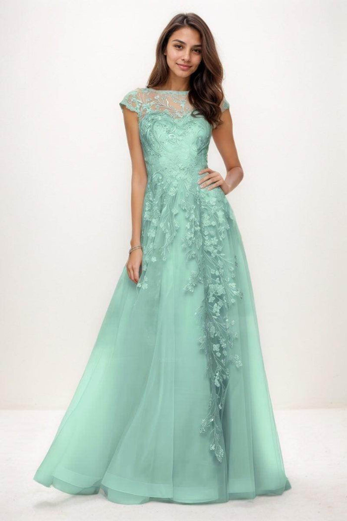 Illusion Neck A-Line Sweep Train Lace/Tulle Prom Dresses CS0747 - COCOMELODY
