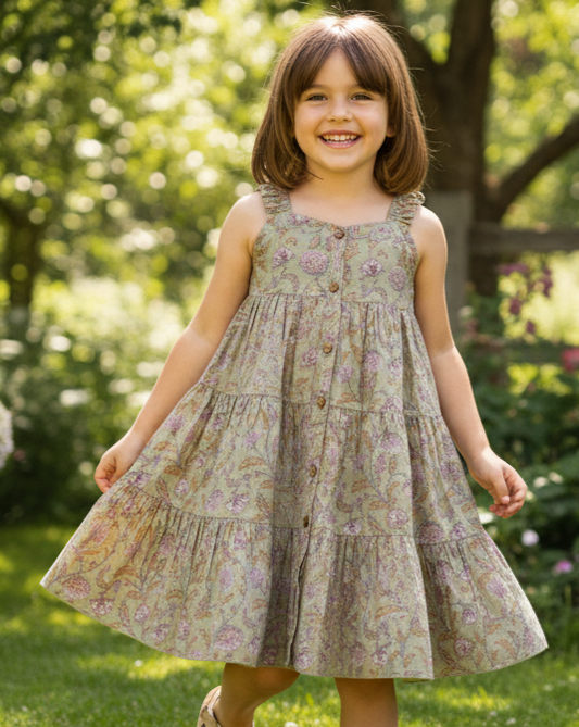 Inara Tiered Dress in Sage for Infant, Toddler & Tween – 100% Cotton with Frilled Shoulder Straps