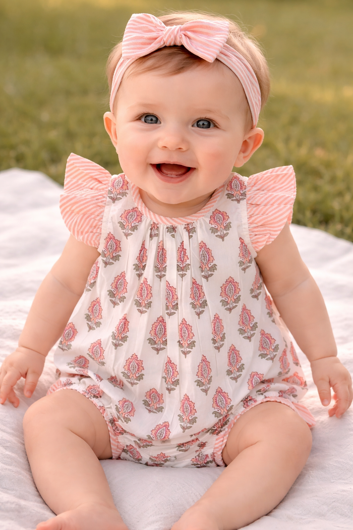 Infant Baby Bubble Dress with Coral Booty Print & Coral Stripe Ruffle
