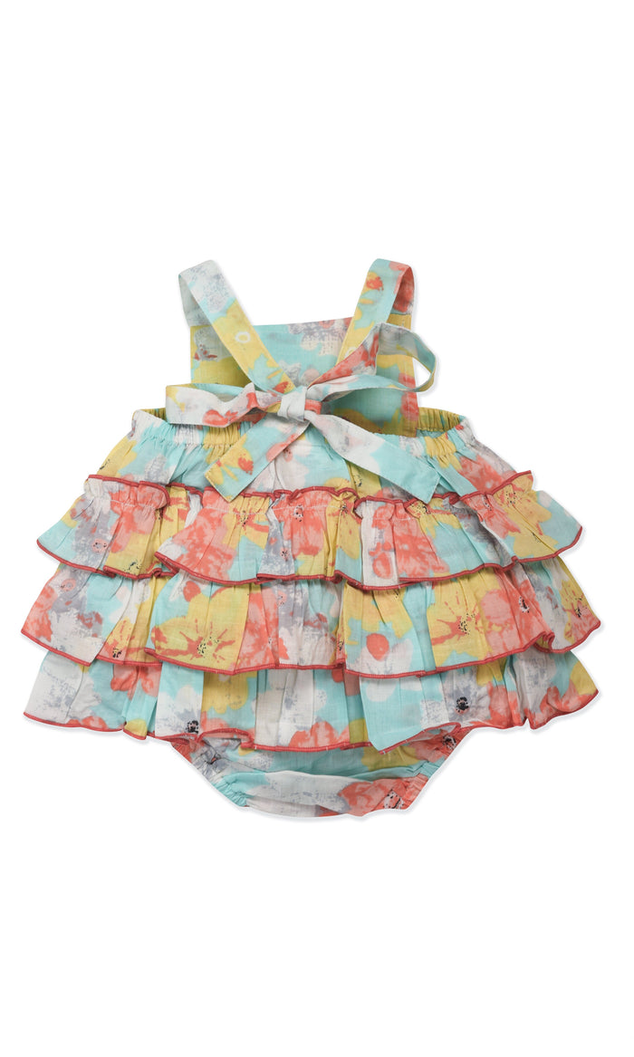 Infant Turquoise Floral Bubble with Multi Ruffle Design Romper Yo Baby India