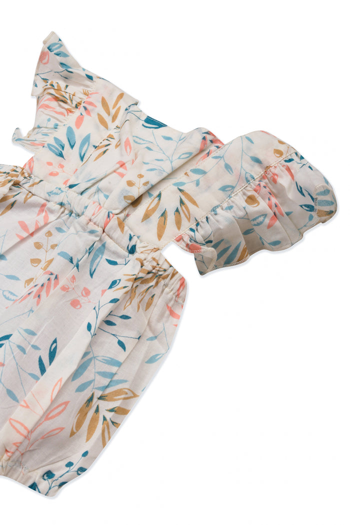 Infant White Printed Bubble with Ruffle Cap Sleeves Romper Yo Baby India