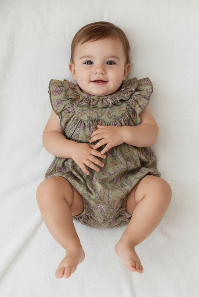 Ira Romper – Sage, 100% Cotton Baby Girl Romper, Infant One-Piece with Snaps & Soft Elastic Waistband