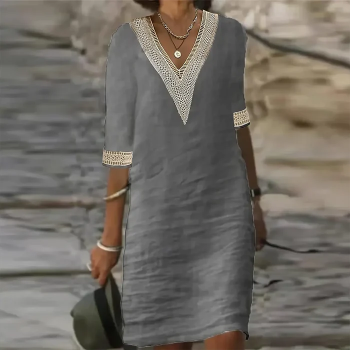 Isabella - Casual Women's Summer Dress with V-Neck and Crochet Trim Detail