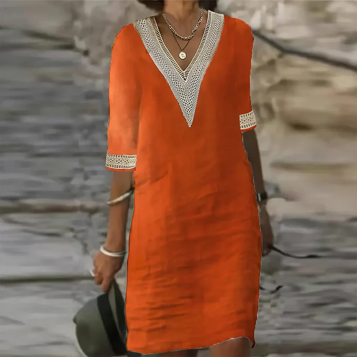 Isabella - Casual Women's Summer Dress with V-Neck and Crochet Trim Detail