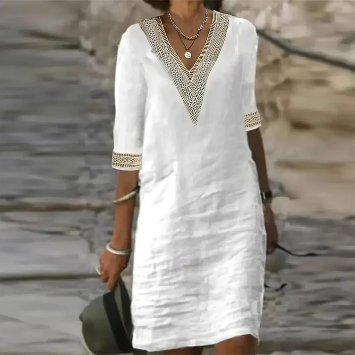 Isabella - Casual Women's Summer Dress with V-Neck and Crochet Trim Detail