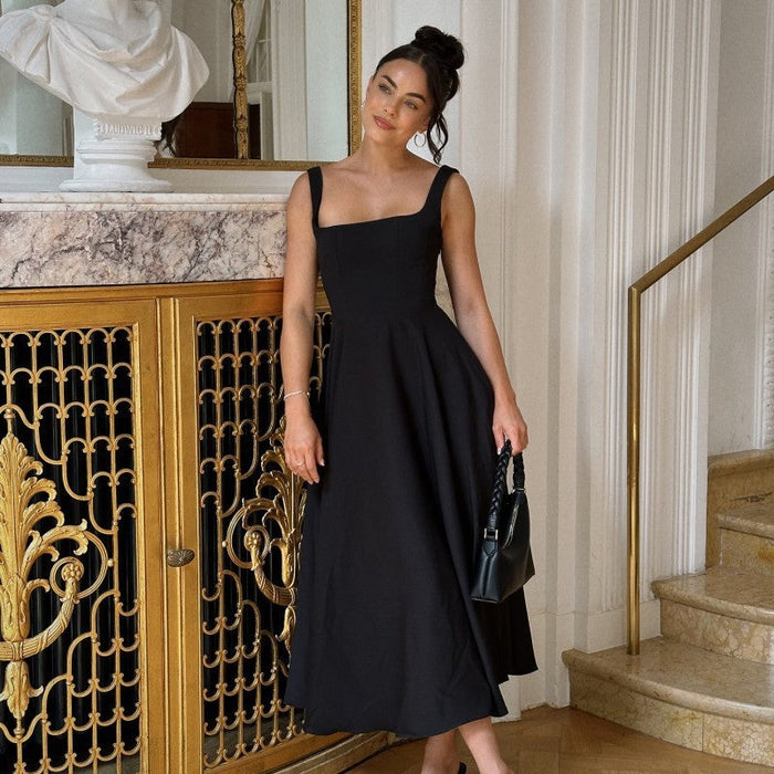 Isabella - Elegant Women's Wedding Guest Dress with a Square Neckline and Flowing Midi Skirt