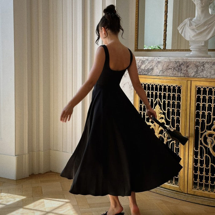 Isabella - Elegant Women's Wedding Guest Dress with a Square Neckline and Flowing Midi Skirt