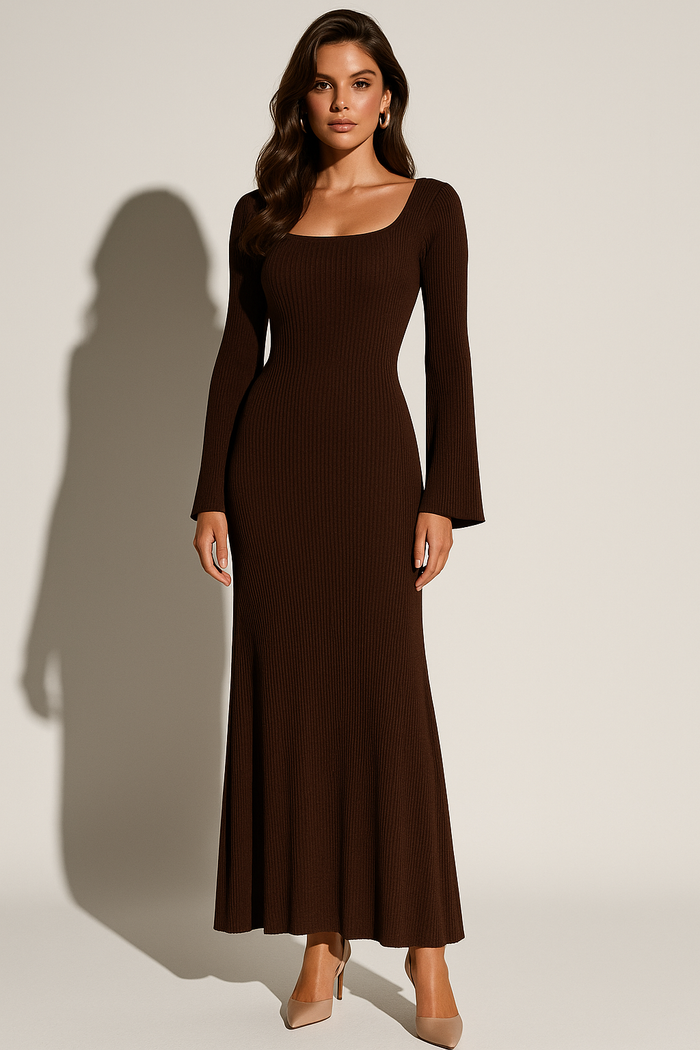 Isabella - Women's Fall Wedding Guest Dress with Bell Sleeves and Maxi Length