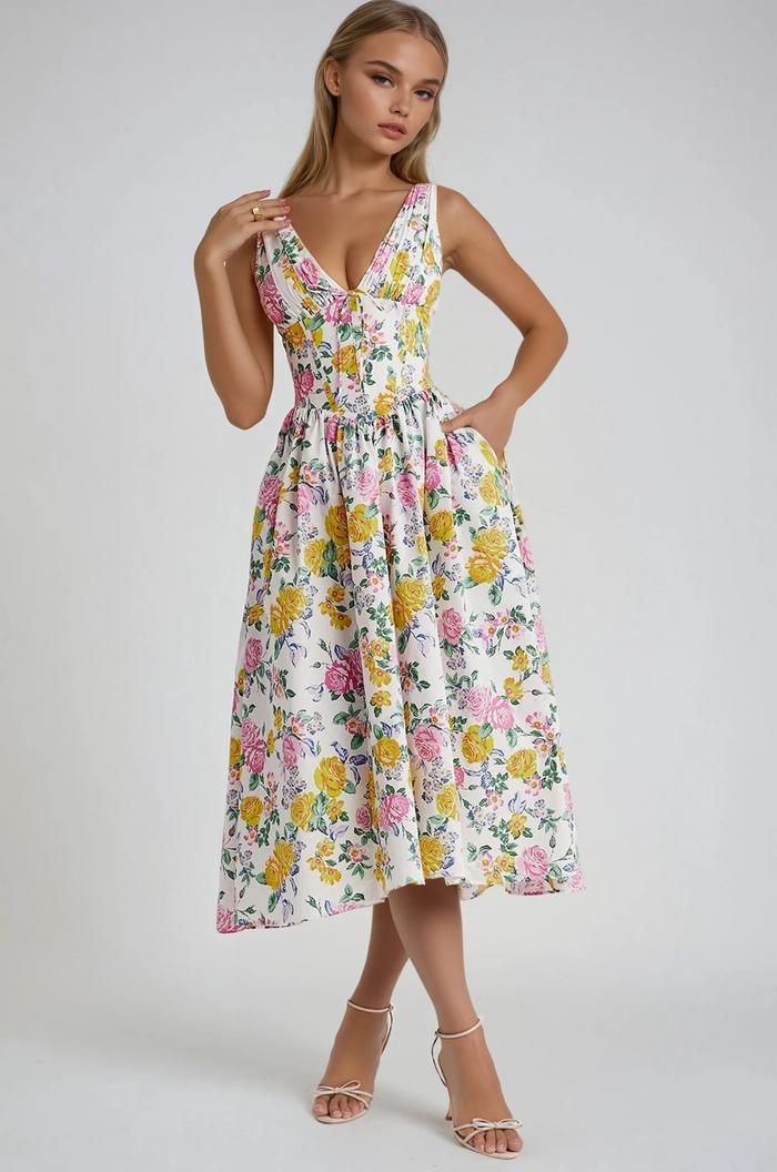 Isabelle - Romantic Women's Wedding Guest Dress with V Neck Corset Bodice and Full Midi Skirt
