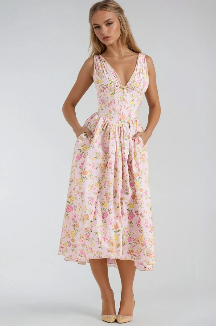 Isabelle - Romantic Women's Wedding Guest Dress with V Neck Corset Bodice and Full Midi Skirt