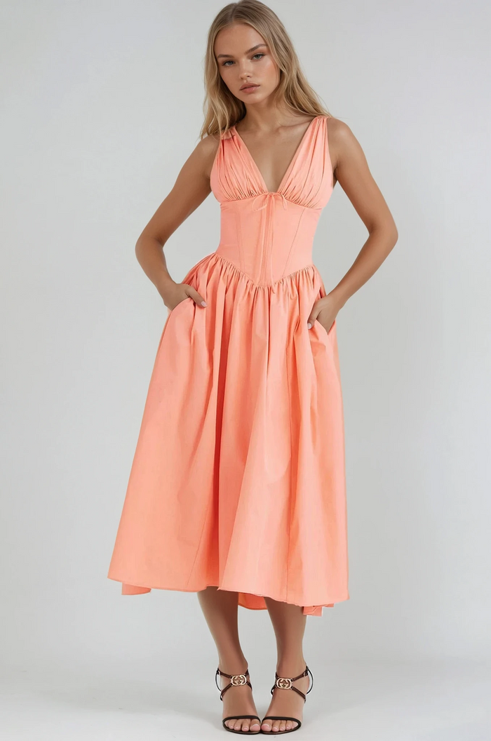 Isabelle - Romantic Women's Wedding Guest Dress with V Neck Corset Bodice and Full Midi Skirt