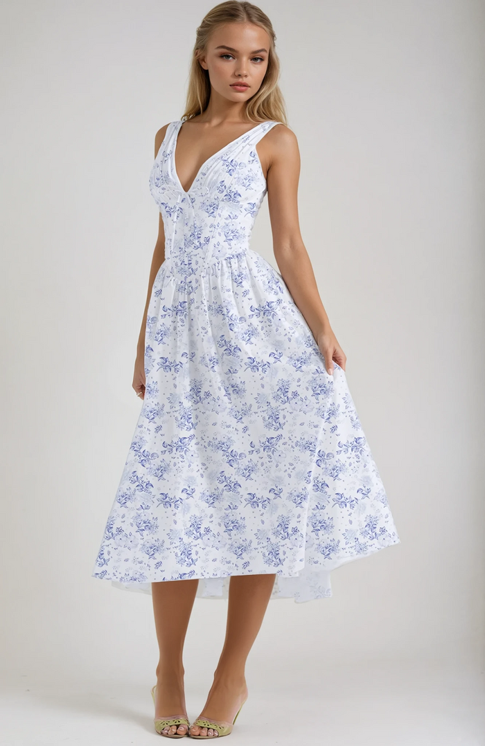 Isabelle - Romantic Women's Wedding Guest Dress with V Neck Corset Bodice and Full Midi Skirt
