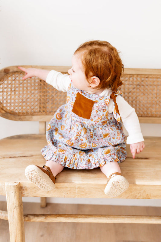 Reversible Solid Rust Corduroy & Rust Floral Printed Ruffle Dress DRESS Yo Baby India