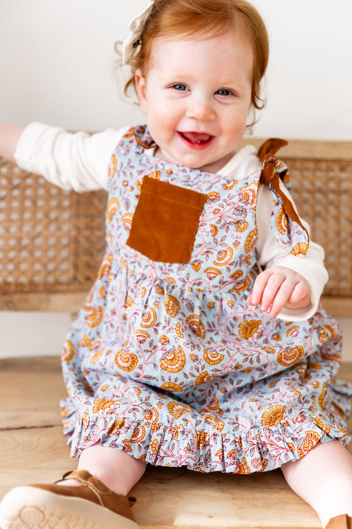Reversible Solid Rust Corduroy & Rust Floral Printed Ruffle Dress DRESS Yo Baby India