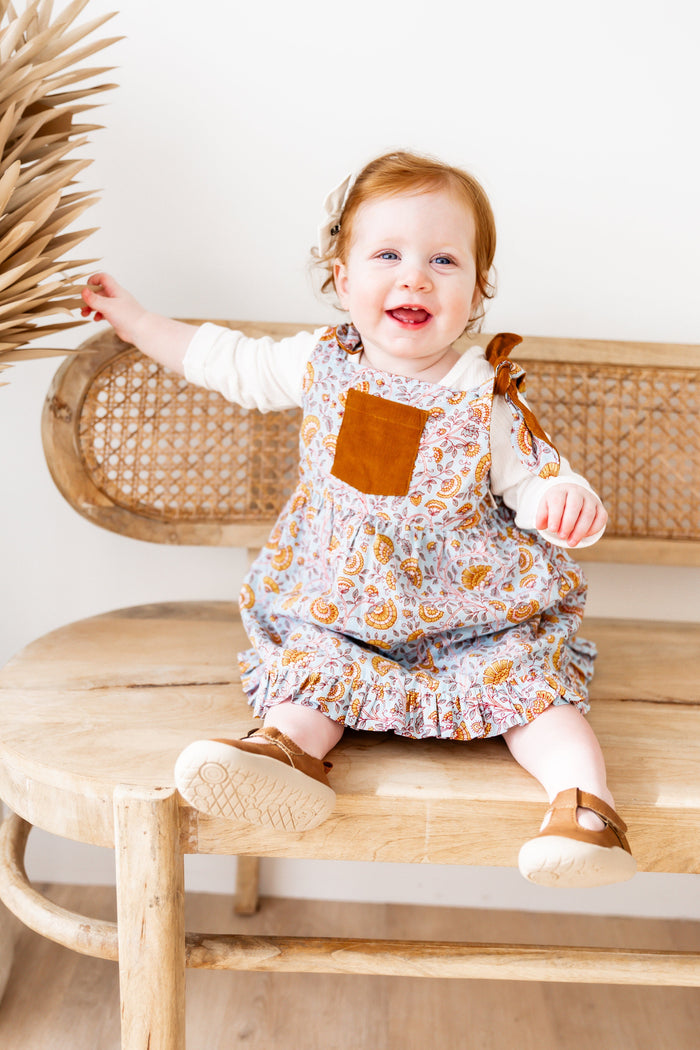 Reversible Solid Rust Corduroy & Rust Floral Printed Ruffle Dress DRESS Yo Baby India