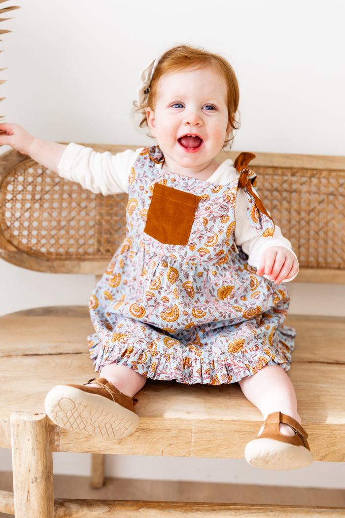 Reversible Solid Rust Corduroy & Rust Floral Printed Ruffle Dress DRESS Yo Baby India