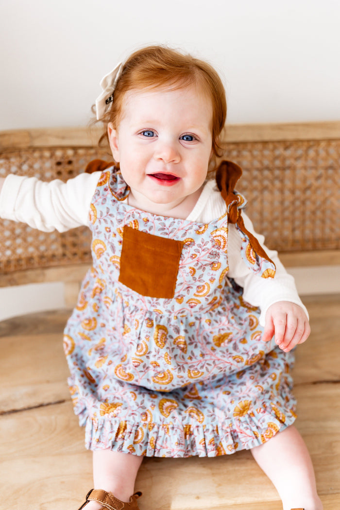 Reversible Solid Rust Corduroy & Rust Floral Printed Ruffle Dress DRESS Yo Baby India