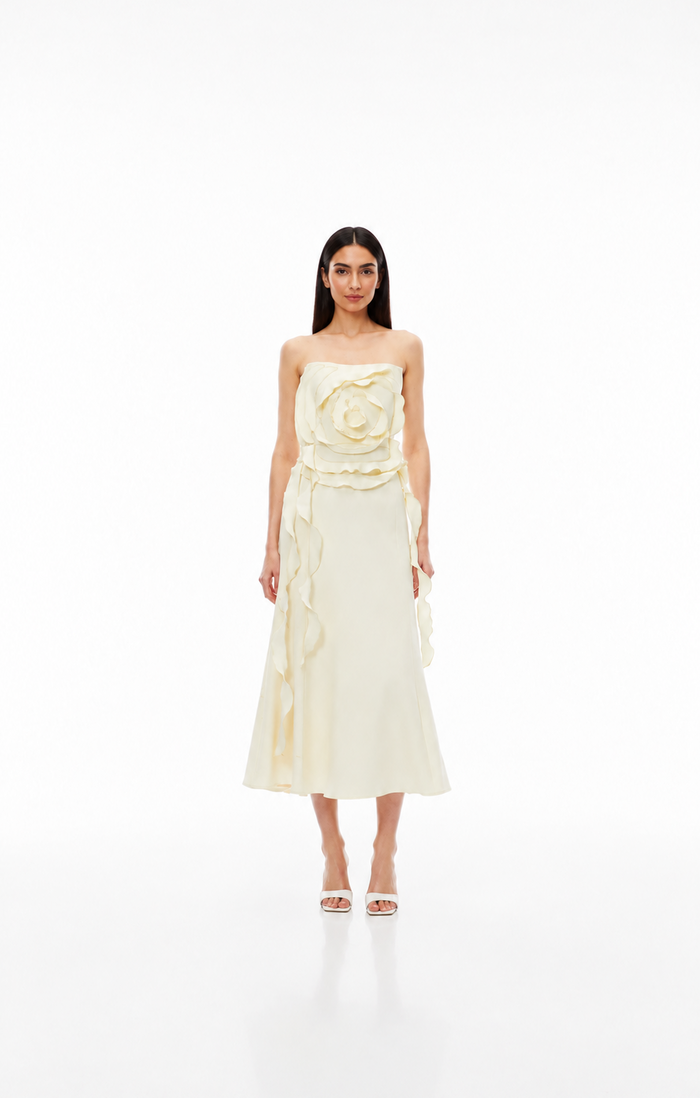 Ivory 3D Rose Strapless Midi Dress – FIOREVA