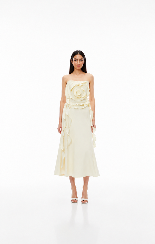 Ivory 3D Rose Strapless Midi Dress – FIOREVA