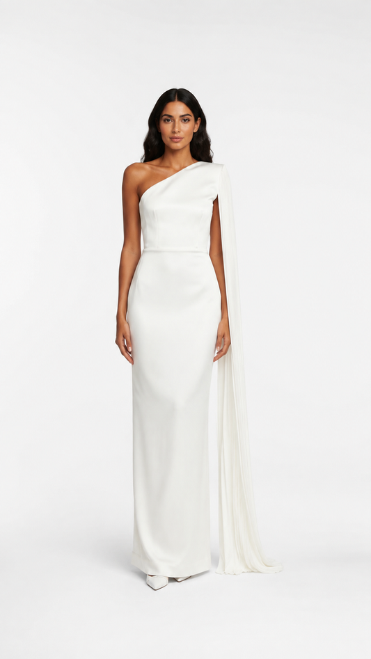 Ivory One-Shoulder Draped Cape Evening Dress – ALVÉRIA