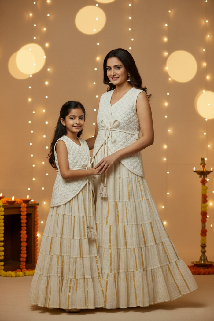 Ivory Quilted Velvet Waistcoat, Gathered Skirt & Belt Set