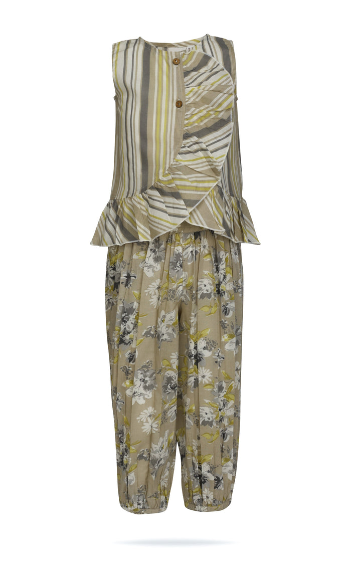 Kids 2-Piece Set: Brown Striped Ruffle Top & Floral Pants with Elastic Hem TOP & PANTS SET Yo Baby India