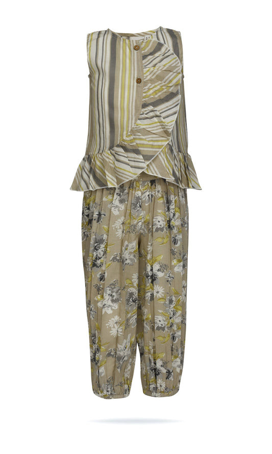 Kids 2-Piece Set: Brown Striped Ruffle Top & Floral Pants with Elastic Hem TOP & PANTS SET Yo Baby India
