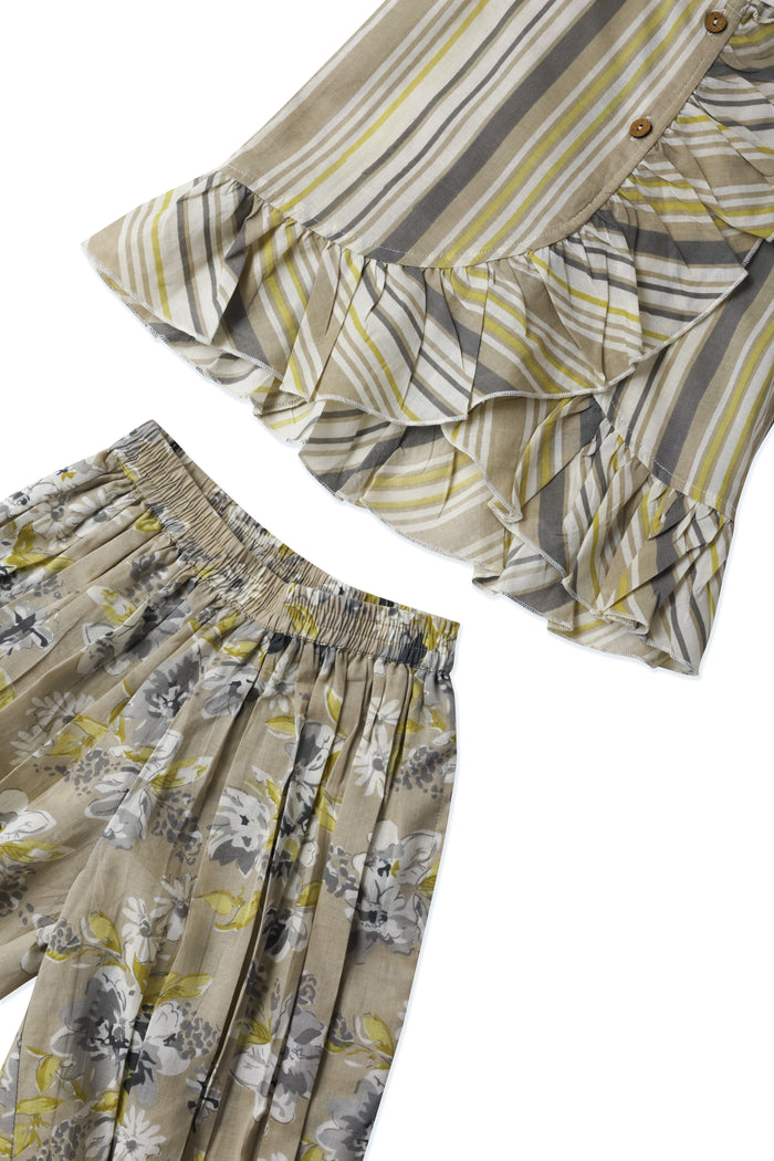 Kids 2-Piece Set: Brown Striped Ruffle Top & Floral Pants with Elastic Hem TOP & PANTS SET Yo Baby India