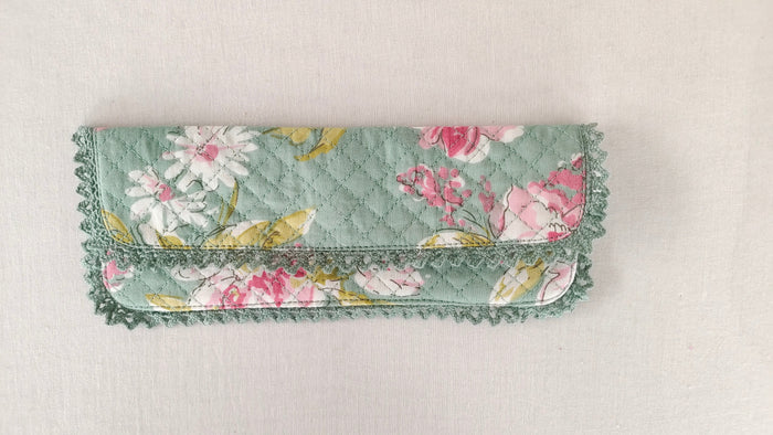 Kids' Cotton Green Floral & Stripe Printed Pencil Pouch with Magnetic Closure and Lace Details PURSE Yo Baby India