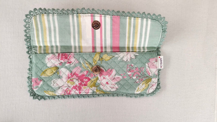 Kids' Cotton Green Floral & Stripe Printed Pencil Pouch with Magnetic Closure and Lace Details PURSE Yo Baby India