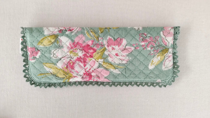 Kids' Cotton Green Floral & Stripe Printed Pencil Pouch with Magnetic Closure and Lace Details PURSE Yo Baby India
