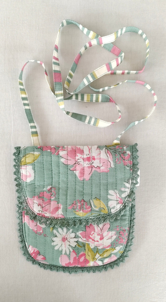 Green Floral & Stripe Kids' Small Tote Bag with Magnetic Closure and Lace Detailing PURSE Yo Baby India