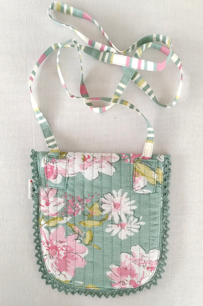 Green Floral & Stripe Kids' Small Tote Bag with Magnetic Closure and Lace Detailing PURSE Yo Baby India
