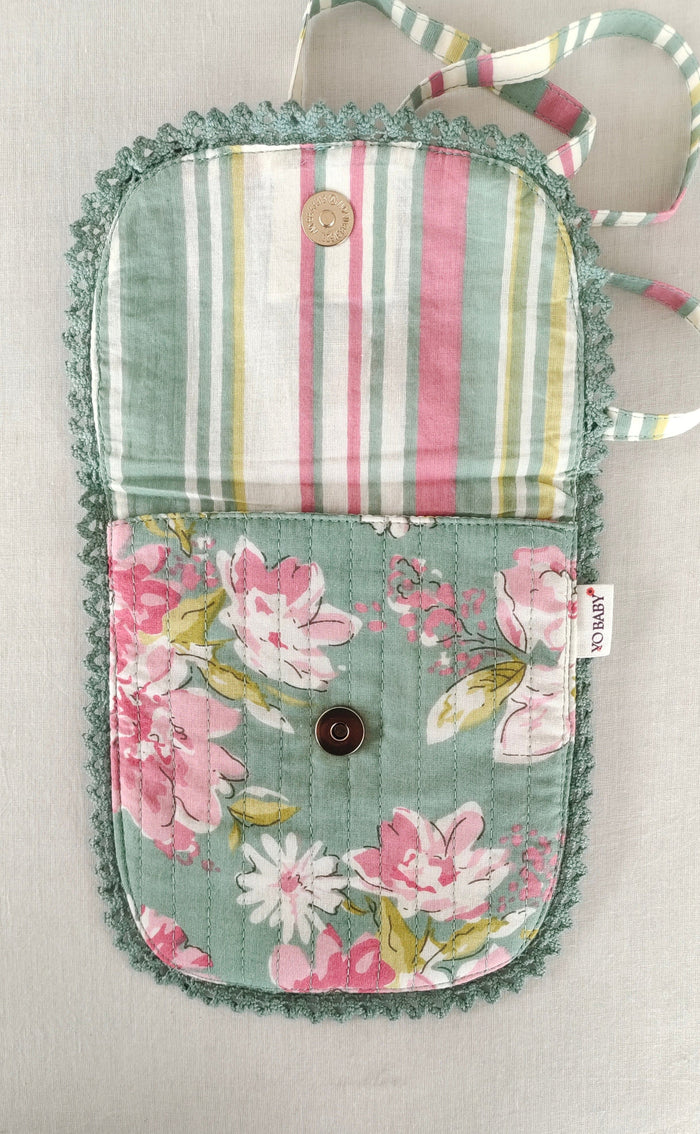 Green Floral & Stripe Kids' Small Tote Bag with Magnetic Closure and Lace Detailing PURSE Yo Baby India