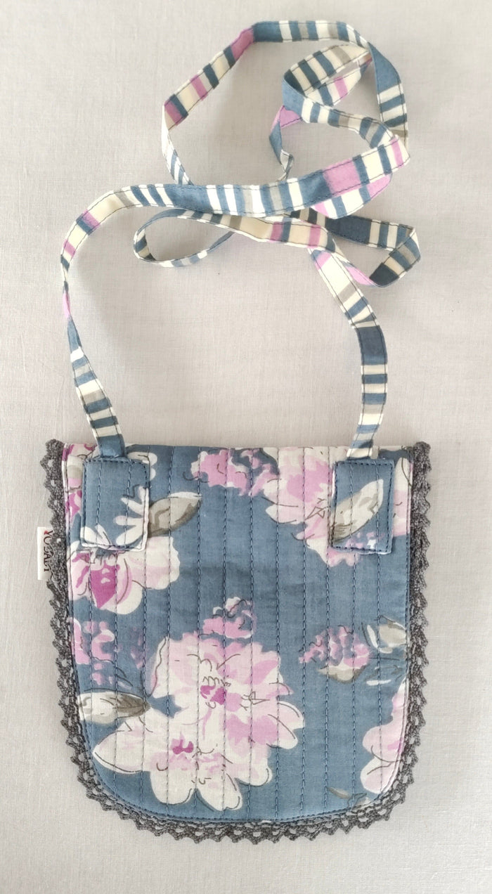 Grey Floral & Stripe Kids' Small Tote Bag with Magnetic Closure and Lace Detailing PURSE Yo Baby India
