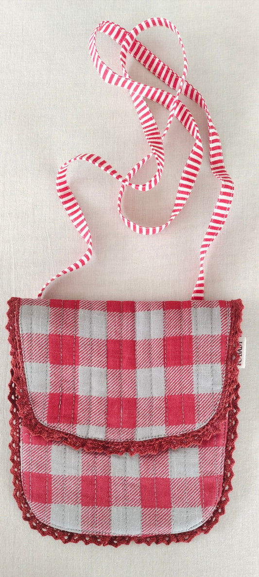 Red Checks & Stripe Kids' Small Tote Bag with Magnetic Closure and Lace Detailing PURSE Yo Baby India