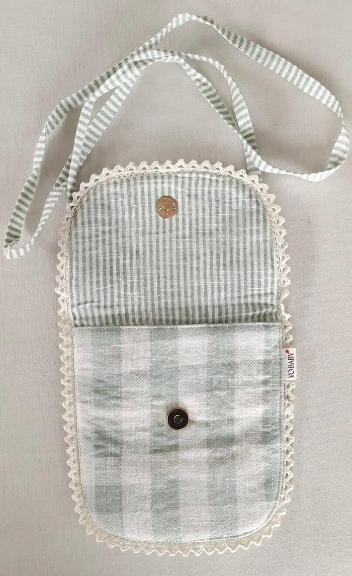 Sage Checks & Stripe Kids' Small Tote Bag with Magnetic Closure and Lace Detailing PURSE Yo Baby India