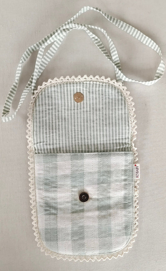Sage Checks & Stripe Kids' Small Tote Bag with Magnetic Closure and Lace Detailing PURSE Yo Baby India