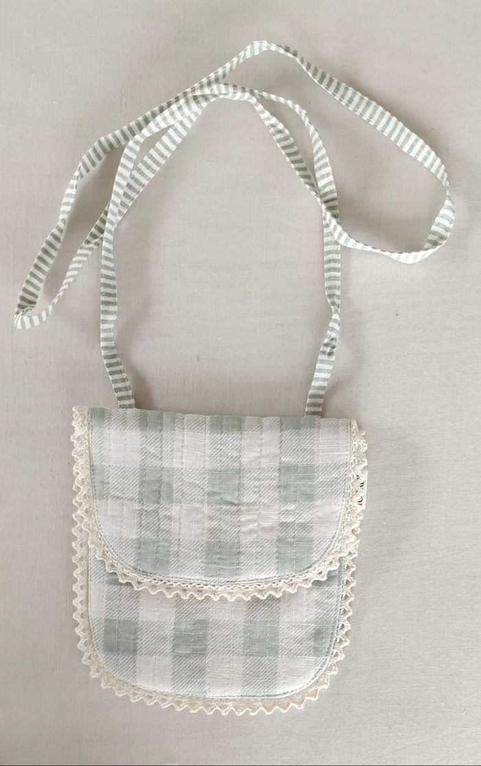 Sage Checks & Stripe Kids' Small Tote Bag with Magnetic Closure and Lace Detailing PURSE Yo Baby India