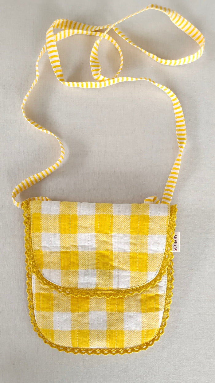 Yellow Checks & Stripe Kids' Small Tote Bag with Magnetic Closure and Lace Detailing PURSE Yo Baby India